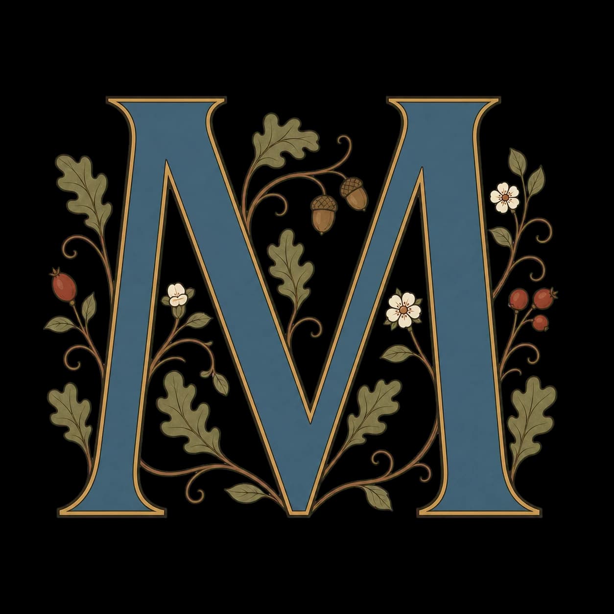 A blue illuminated letter M with oak and hawthorn vinery