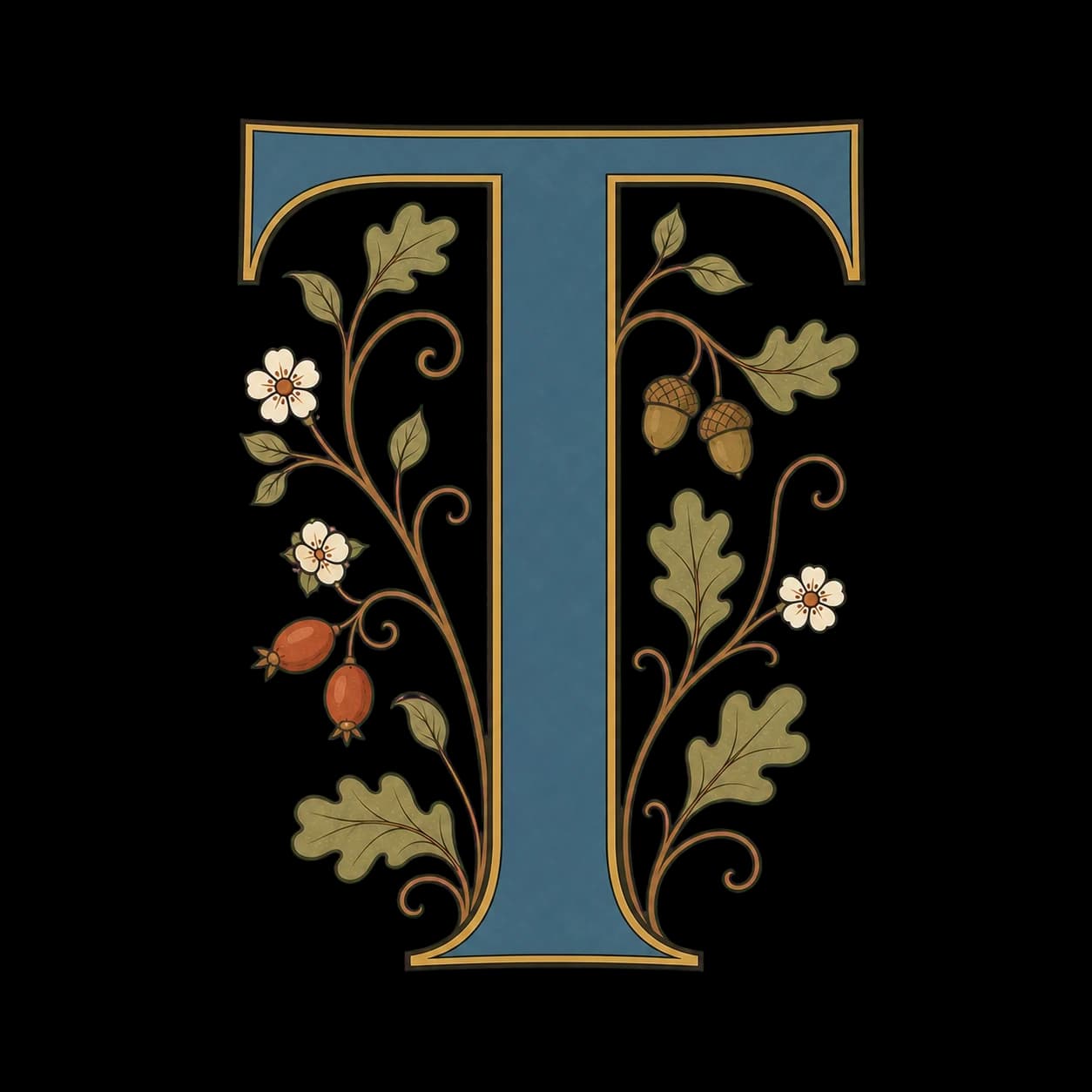 A blue illuminated letter T with oak and hawthorn vinery