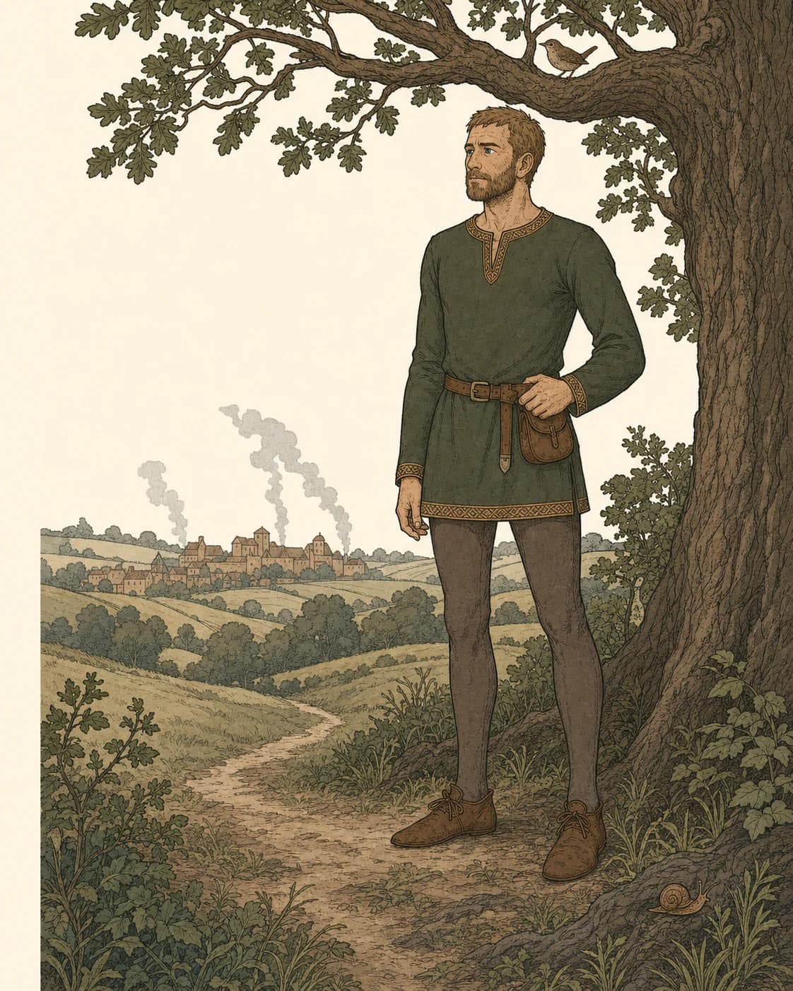 Edward de Mansfeld standing beneath an oak at the edge of Sherwood, with Mansfield in the distance