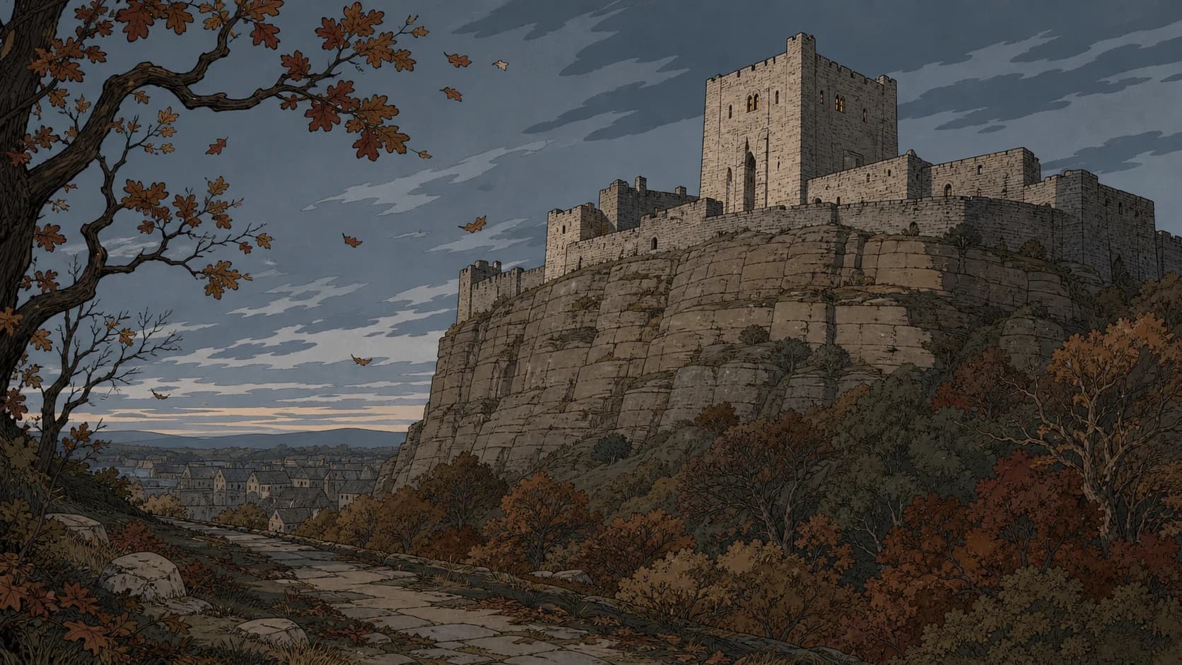 Nottingham Castle rising above Castle Rock at autumn dusk